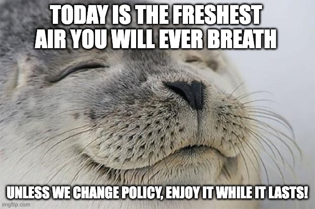 BREATHE | TODAY IS THE FRESHEST AIR YOU WILL EVER BREATH; UNLESS WE CHANGE POLICY, ENJOY IT WHILE IT LASTS! | image tagged in memes,satisfied seal,climate change,breathe,pollution,environmental protection agency | made w/ Imgflip meme maker