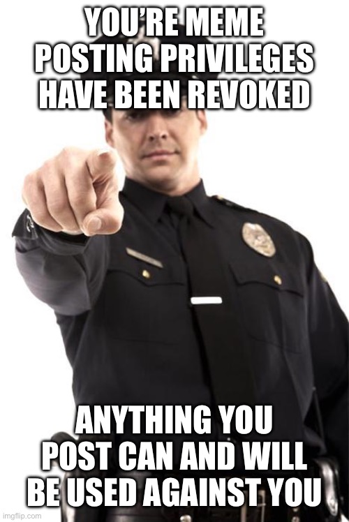 Police | YOU’RE MEME POSTING PRIVILEGES HAVE BEEN REVOKED; ANYTHING YOU POST CAN AND WILL BE USED AGAINST YOU | image tagged in police | made w/ Imgflip meme maker
