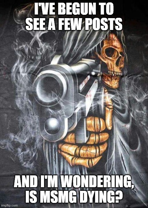 Badass Skeleton | I'VE BEGUN TO SEE A FEW POSTS; AND I'M WONDERING, IS MSMG DYING? | image tagged in badass skeleton | made w/ Imgflip meme maker