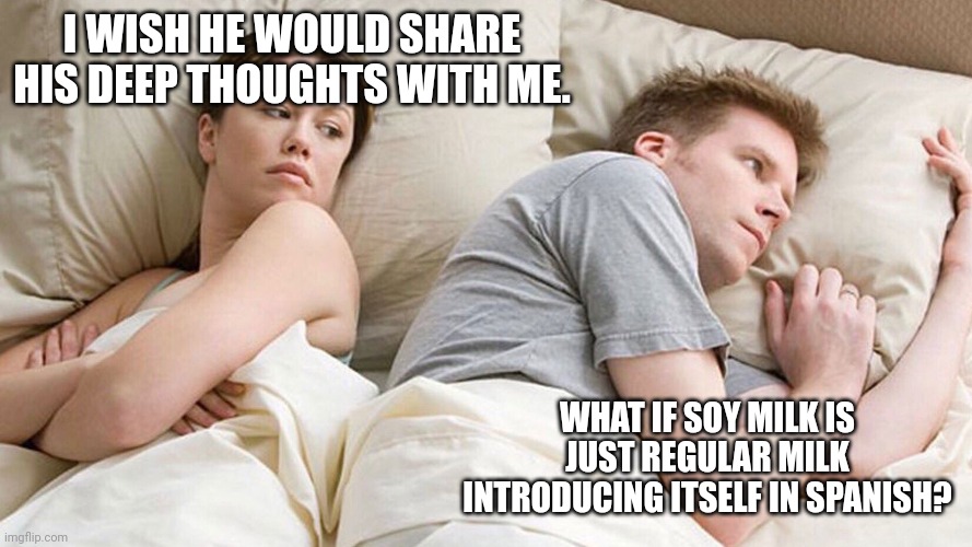 He's probably thinking about girls | I WISH HE WOULD SHARE HIS DEEP THOUGHTS WITH ME. WHAT IF SOY MILK IS JUST REGULAR MILK INTRODUCING ITSELF IN SPANISH? | image tagged in he's probably thinking about girls | made w/ Imgflip meme maker