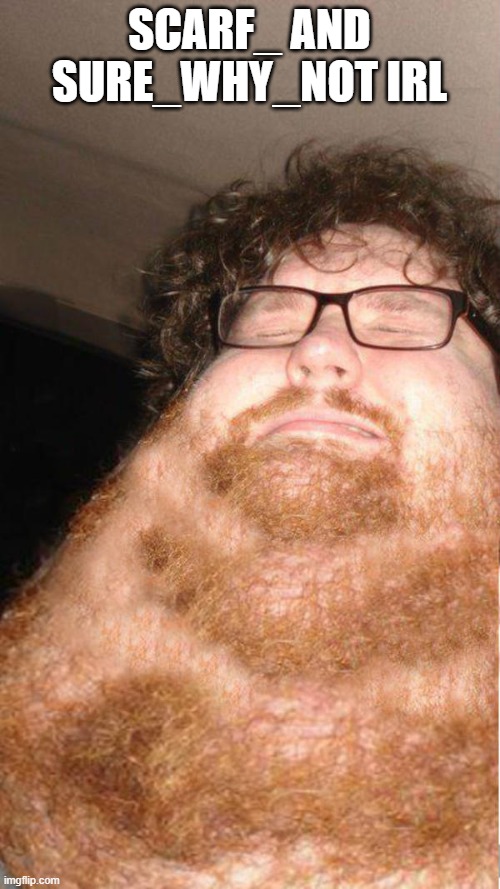 obese neckbearded dude | SCARF_ AND SURE_WHY_NOT IRL | image tagged in obese neckbearded dude | made w/ Imgflip meme maker