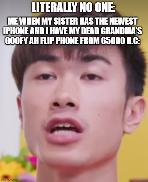 so true | ME WHEN MY SISTER HAS THE NEWEST IPHONE AND I HAVE MY DEAD GRANDMA'S GOOFY AH FLIP PHONE FROM 65000 B.C:; LITERALLY NO ONE: | image tagged in youtuber | made w/ Imgflip meme maker