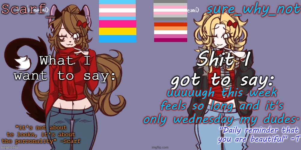 it's just been one of those weeks. Anyway, gn chat. I require sleep. | uuuuugh this week feels so long and it's only wednesday my dudes. | image tagged in scarf and t shared template | made w/ Imgflip meme maker