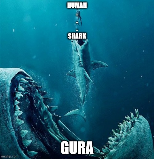 Gura- | HUMAN
.
.
.
SHARK; GURA | image tagged in always a bigger shark | made w/ Imgflip meme maker