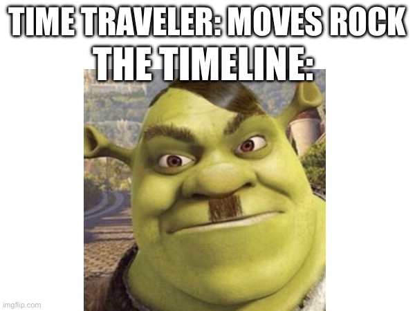 TIME TRAVELER: MOVES ROCK; THE TIMELINE: | image tagged in shrek,hitler | made w/ Imgflip meme maker