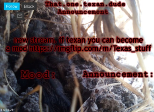 THE that.one.texan.dude announcement template | new stream. if texan you can become a mod https://imgflip.com/m/Texas_stuff | image tagged in the that one texan dude announcement template | made w/ Imgflip meme maker