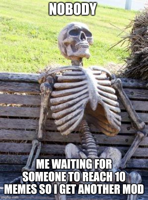 Tick tock guys | NOBODY; ME WAITING FOR SOMEONE TO REACH 10 MEMES SO I GET ANOTHER MOD | image tagged in memes,waiting skeleton | made w/ Imgflip meme maker