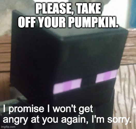 Abusive relationship moment | PLEASE, TAKE OFF YOUR PUMPKIN. I promise I won't get angry at you again, I'm sorry. | image tagged in enderman stare,enderman,minecraft,funny,meme,gaming | made w/ Imgflip meme maker