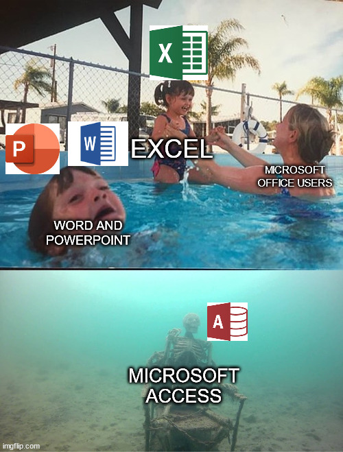 Mother Ignoring Kid Drowning In A Pool | EXCEL; MICROSOFT OFFICE USERS; WORD AND POWERPOINT; MICROSOFT ACCESS | image tagged in mother ignoring kid drowning in a pool,memes,funny | made w/ Imgflip meme maker
