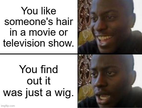 Is it real or a wig? | You like someone's hair in a movie or television show. You find out it was just a wig. | image tagged in oh yeah oh no | made w/ Imgflip meme maker