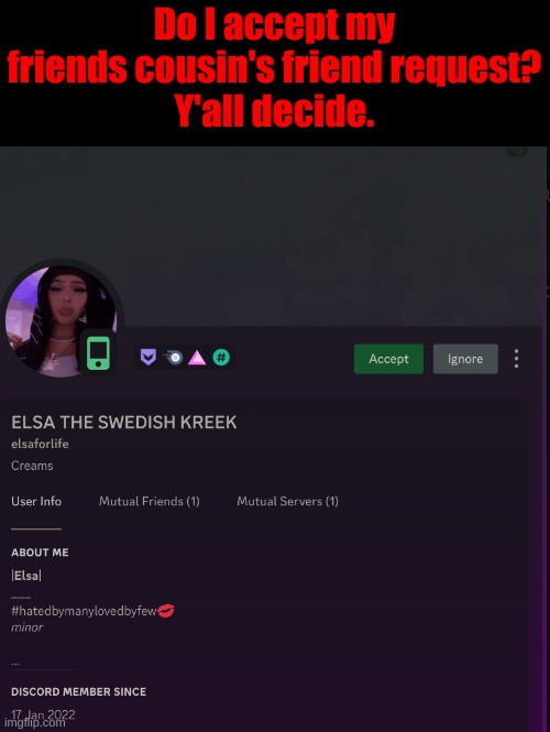 Myself, I dont want to. | Do I accept my friends cousin's friend request?
Y'all decide. | made w/ Imgflip meme maker