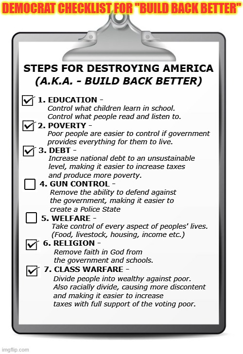Democrat Checklist | DEMOCRAT CHECKLIST FOR "BUILD BACK BETTER"; STEPS FOR DESTROYING AMERICA; (A.K.A. - BUILD BACK BETTER); 1. EDUCATION -; Control what children learn in school.
Control what people read and listen to. 2. POVERTY -; Poor people are easier to control if government
provides everything for them to live. 3. DEBT -; Increase national debt to an unsustainable
level, making it easier to increase taxes
and produce more poverty. 4. GUN CONTROL -; Remove the ability to defend against
the government, making it easier to
create a Police State; 5. WELFARE -; Take control of every aspect of peoples' lives.
(Food, livestock, housing, income etc.); 6. RELIGION -; Remove faith in God from the government and schools. 7. CLASS WARFARE -; Divide people into wealthy against poor.
Also racially divide, causing more discontent
and making it easier to increase taxes with full support of the voting poor. | image tagged in clipboard,build back better | made w/ Imgflip meme maker