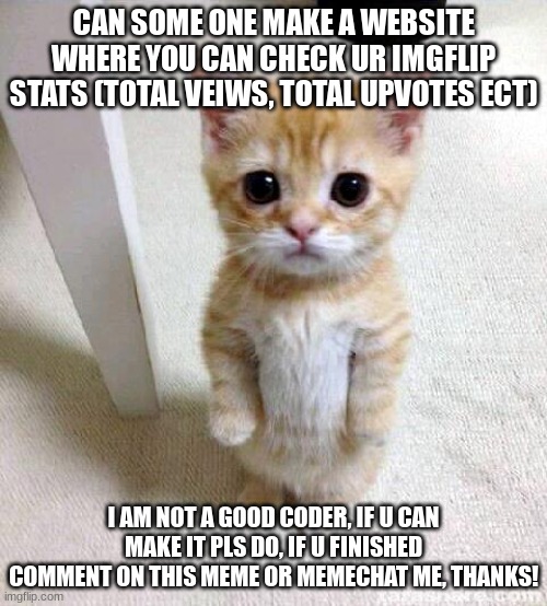 Cute Cat | CAN SOME ONE MAKE A WEBSITE WHERE YOU CAN CHECK UR IMGFLIP STATS (TOTAL VEIWS, TOTAL UPVOTES ECT); I AM NOT A GOOD CODER, IF U CAN MAKE IT PLS DO, IF U FINISHED COMMENT ON THIS MEME OR MEMECHAT ME, THANKS! | image tagged in memes,cute cat | made w/ Imgflip meme maker