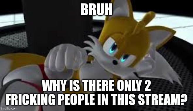 I thought there would be more people because Tails is best fox | BRUH; WHY IS THERE ONLY 2 FRICKING PEOPLE IN THIS STREAM? | image tagged in bored tails | made w/ Imgflip meme maker