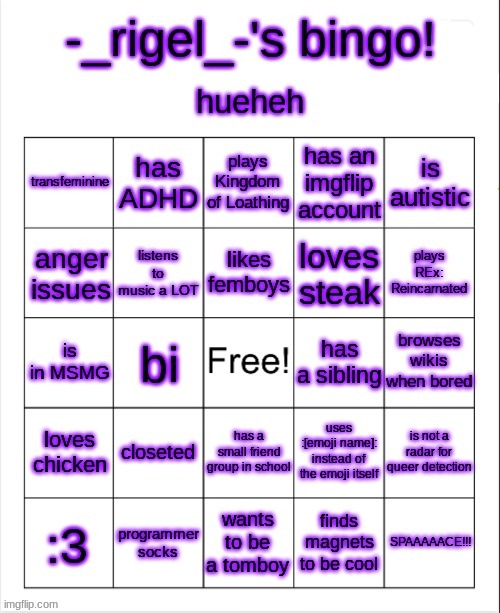 just for yall to do (search rigel's bingo if you want to do it) | image tagged in rigel's bingo | made w/ Imgflip meme maker
