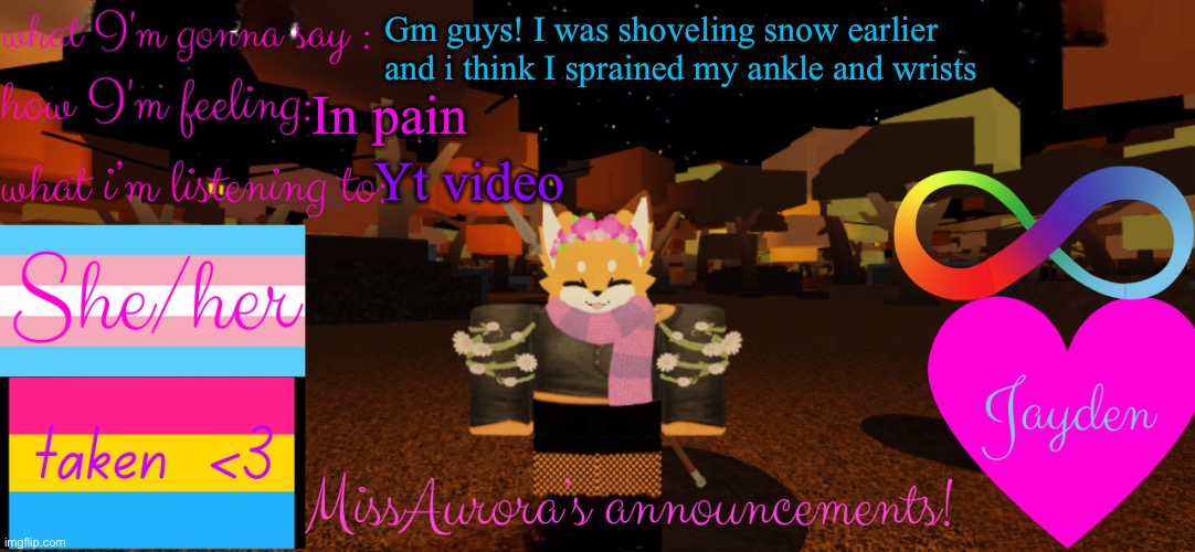 It hurts like HELL. But I'll be ok! | Gm guys! I was shoveling snow earlier and i think I sprained my ankle and wrists; Yt video; In pain | image tagged in missaurora's announcement | made w/ Imgflip meme maker