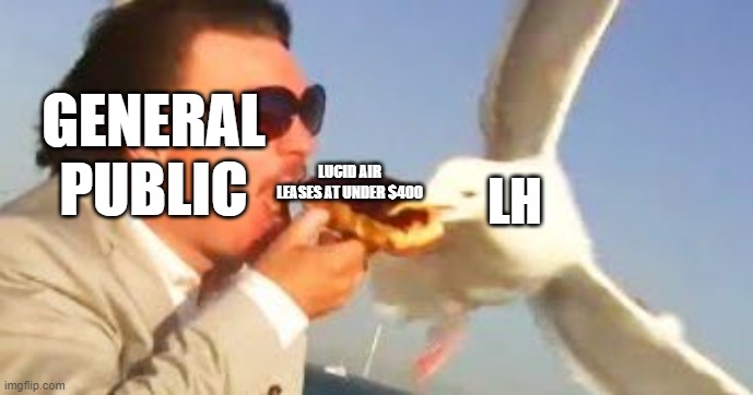 swiping seagull | GENERAL PUBLIC; LUCID AIR LEASES AT UNDER $400; LH | image tagged in swiping seagull | made w/ Imgflip meme maker