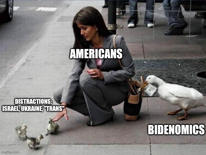 Pickpocket Duck | AMERICANS DISTRACTIONS:
ISRAEL, UKRAINE, "TRANS" BIDENOMICS | image tagged in pickpocket duck | made w/ Imgflip meme maker