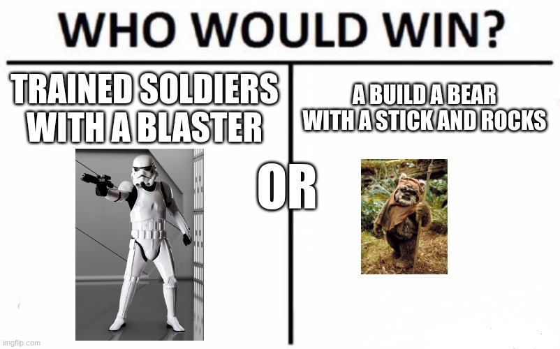 Who Would Win? Meme | TRAINED SOLDIERS WITH A BLASTER; A BUILD A BEAR WITH A STICK AND ROCKS; OR | image tagged in memes,who would win | made w/ Imgflip meme maker