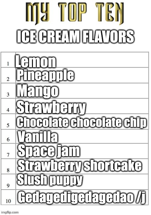 Top ten list better | ICE CREAM FLAVORS; Lemon; Pineapple; Mango; Strawberry; Chocolate chocolate chip; Vanilla; Space jam; Strawberry shortcake; Slush puppy; Gedagedigedagedao /j | image tagged in top ten list better | made w/ Imgflip meme maker