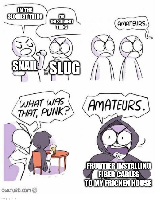 Amateurs | IM THE SLOWEST THING; I'M THE SLOWEST THING; SNAIL; SLUG; FRONTIER INSTALLING FIBER CABLES TO MY FRICKEN HOUSE | image tagged in amateurs | made w/ Imgflip meme maker