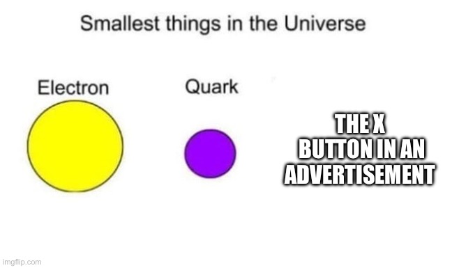 Smallest things in the universe | THE X  BUTTON IN AN ADVERTISEMENT | image tagged in smallest things in the universe | made w/ Imgflip meme maker