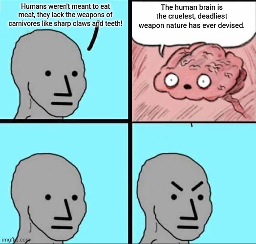 NPC Meme | Humans weren't meant to eat meat, they lack the weapons of carnivores like sharp claws and teeth! The human brain is the cruelest, deadliest weapon nature has ever devised. | image tagged in npc meme | made w/ Imgflip meme maker