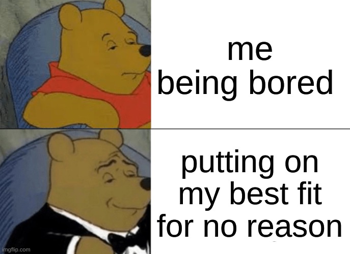 Tuxedo Winnie The Pooh Meme | me being bored; putting on my best fit for no reason | image tagged in memes,tuxedo winnie the pooh | made w/ Imgflip meme maker