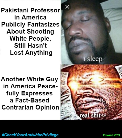 #CheckYourAntiwhitePrivilege [NV] | Pakistani Professor 

in America 

Publicly Fantasizes 

About Shooting 

White People, 

Still Hasn't 

Lost Anything; Another White Guy 

in America Peace-

fully Expresses 

a Fact-Based 

Contrarian Opinion; #CheckYourAntiwhitePrivilege; OzwinEVCG | image tagged in sleeping shaq,antiwhite,double standards,white privilege,occupied usa,war on whites | made w/ Imgflip meme maker