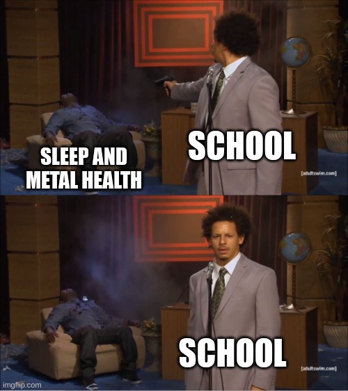 no mental health no sleep | SCHOOL; SLEEP AND METAL HEALTH; SCHOOL | image tagged in memes,who killed hannibal,funny,school,school memes,true | made w/ Imgflip meme maker