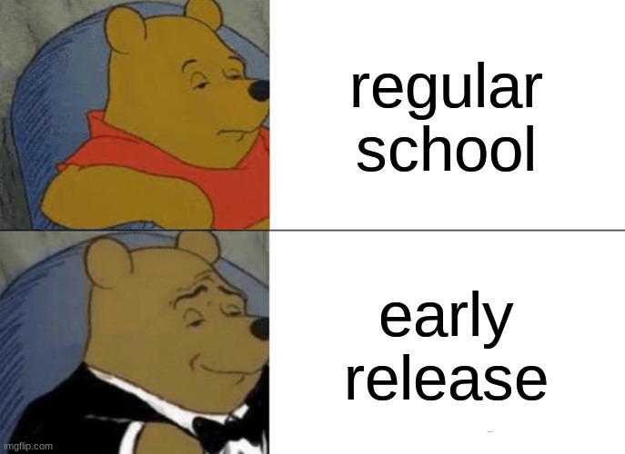 Tuxedo Winnie The Pooh Meme | regular school; early release | image tagged in memes,tuxedo winnie the pooh | made w/ Imgflip meme maker
