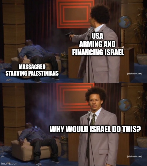 Who Killed Hannibal Meme | USA 
ARMING AND 
FINANCING ISRAEL; MASSACRED STARVING PALESTINIANS; WHY WOULD ISRAEL DO THIS? | image tagged in memes,who killed hannibal | made w/ Imgflip meme maker