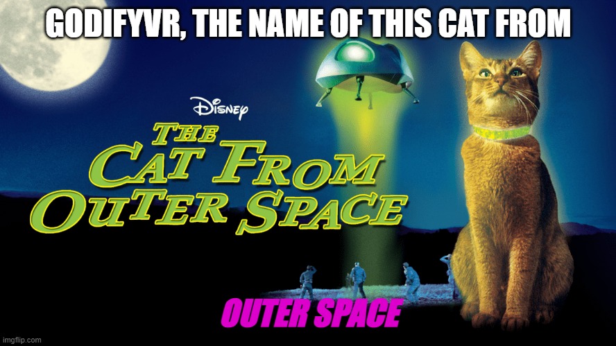 Thomas Kloser Tom Kloser tom stephanie betke | GODIFYVR, THE NAME OF THIS CAT FROM; OUTER SPACE | image tagged in the cat from outer space | made w/ Imgflip meme maker