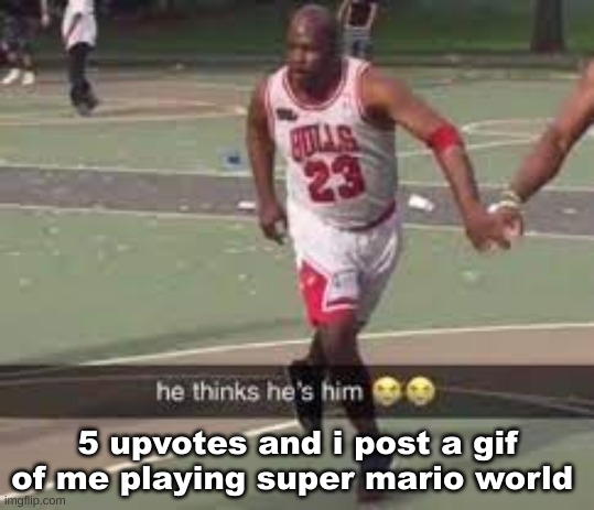 idk I'm bored | 5 upvotes and i post a gif of me playing super mario world | image tagged in he thinks he's him | made w/ Imgflip meme maker