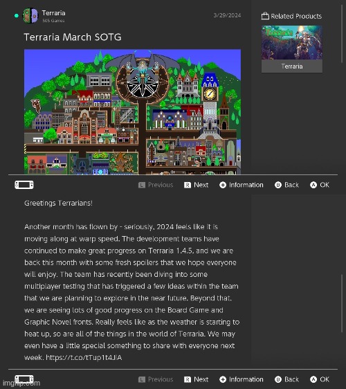 1.4.5 is around the corner. Re-Logic has announced that sometime in May or when summer comes the "final" update will arrive! (Mo | image tagged in terraria,announcement,gaming,video games,news,nintendo switch | made w/ Imgflip meme maker