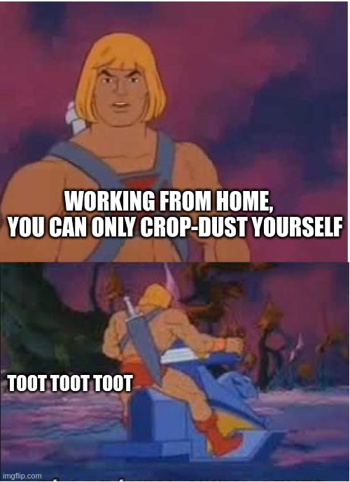 He-Man | WORKING FROM HOME,    YOU CAN ONLY CROP-DUST YOURSELF; TOOT TOOT TOOT | image tagged in he-man | made w/ Imgflip meme maker