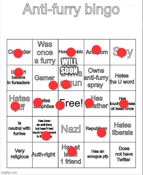 Anti-Furry bingo | WILL SOON | image tagged in anti-furry bingo | made w/ Imgflip meme maker