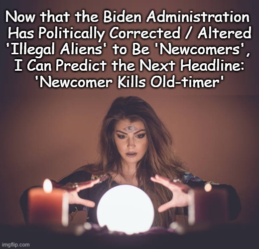 PC Nouns in The New World Order | Now that the Biden Administration 
Has Politically Corrected / Altered
'Illegal Aliens' to Be 'Newcomers', 
I Can Predict the Next Headline:

'Newcomer Kills Old-timer' | image tagged in political humor,political correctness,dark humor,nwo,liberal vs conservative | made w/ Imgflip meme maker