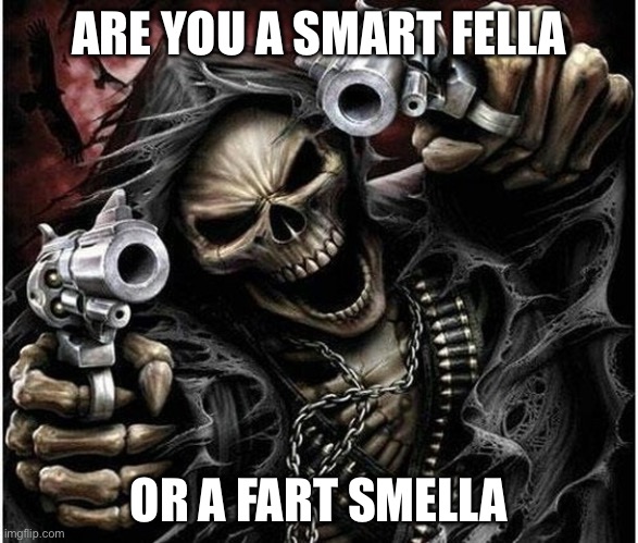 Badass Skeleton | ARE YOU A SMART FELLA; OR A FART SMELLA | image tagged in badass skeleton | made w/ Imgflip meme maker