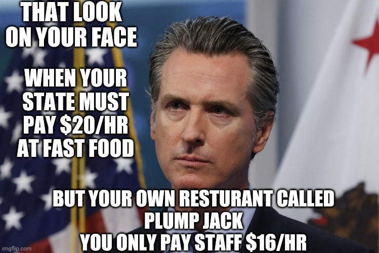 California Leftist Policies | THAT LOOK ON YOUR FACE; WHEN YOUR STATE MUST PAY $20/HR AT FAST FOOD; BUT YOUR OWN RESTURANT CALLED
PLUMP JACK
YOU ONLY PAY STAFF $16/HR | image tagged in gavin newsom,liberals,democrats,leftists | made w/ Imgflip meme maker