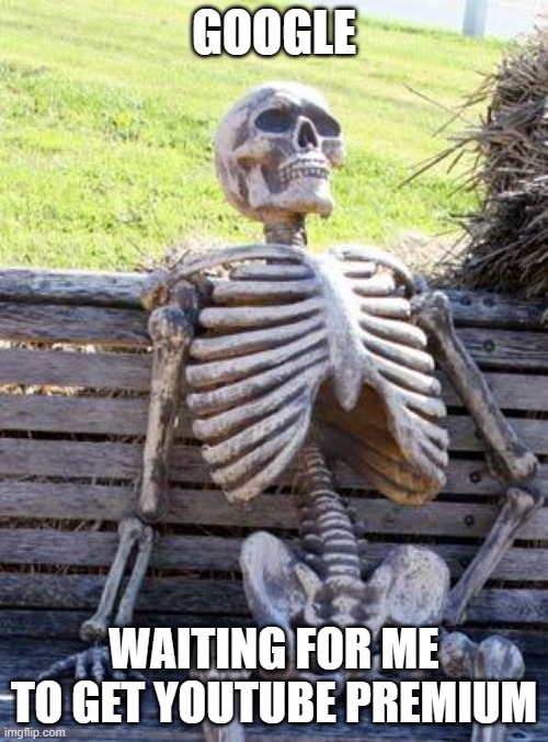 Waiting Skeleton | GOOGLE; WAITING FOR ME TO GET YOUTUBE PREMIUM | image tagged in memes,waiting skeleton | made w/ Imgflip meme maker