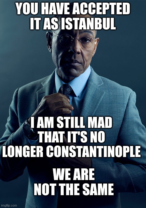 Gus Fring we are not the same | YOU HAVE ACCEPTED IT AS ISTANBUL; I AM STILL MAD THAT IT'S NO LONGER CONSTANTINOPLE; WE ARE NOT THE SAME | image tagged in history,istanbulnotconstantinople | made w/ Imgflip meme maker