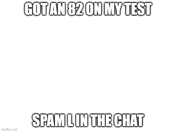 :3 | GOT AN 82 ON MY TEST; SPAM L IN THE CHAT | image tagged in e | made w/ Imgflip meme maker
