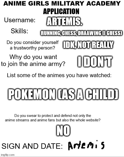 I'm in the anime army now I guess | ARTEMIS. RUNNING, CHESS, DRAAWING (I GUESS); IDK, NOT REALLY; I DON'T; POKEMON (AS A CHILD); NO | image tagged in agma application form | made w/ Imgflip meme maker