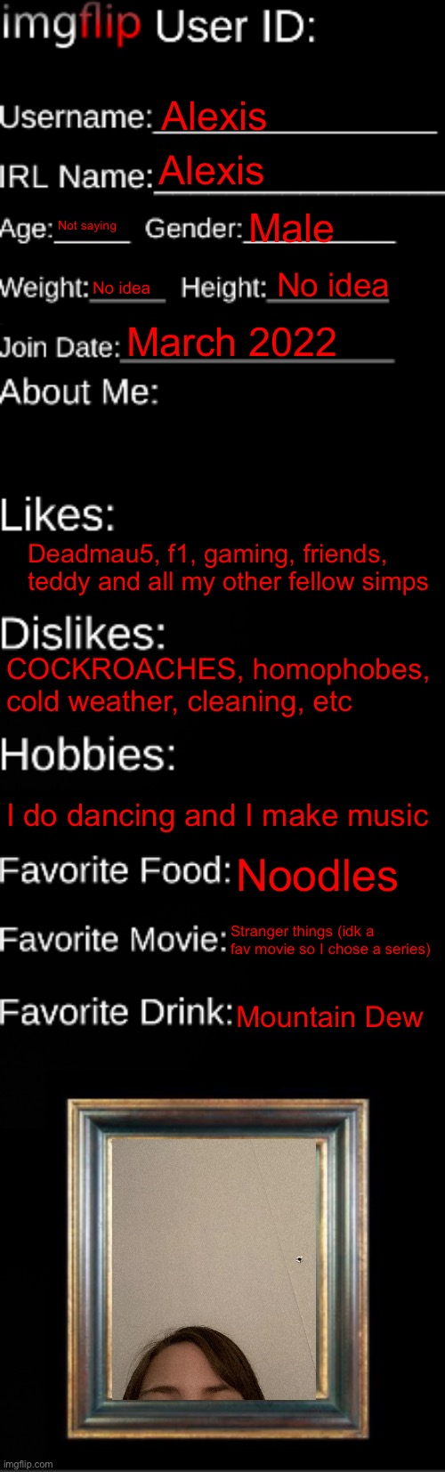 imgflip ID Card | Alexis; Alexis; Not saying; Male; No idea; No idea; March 2022; Deadmau5, f1, gaming, friends, teddy and all my other fellow simps; COCKROACHES, homophobes, cold weather, cleaning, etc; I do dancing and I make music; Noodles; Stranger things (idk a fav movie so I chose a series); Mountain Dew | image tagged in imgflip id card | made w/ Imgflip meme maker