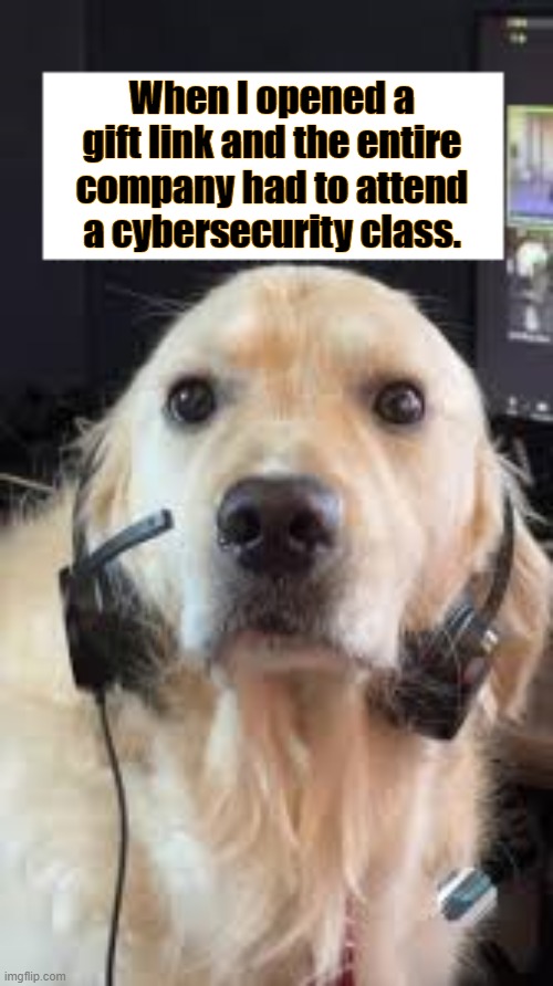 Cybersecurity Dog | When I opened a gift link and the entire company had to attend a cybersecurity class. | image tagged in headset dog,security | made w/ Imgflip meme maker