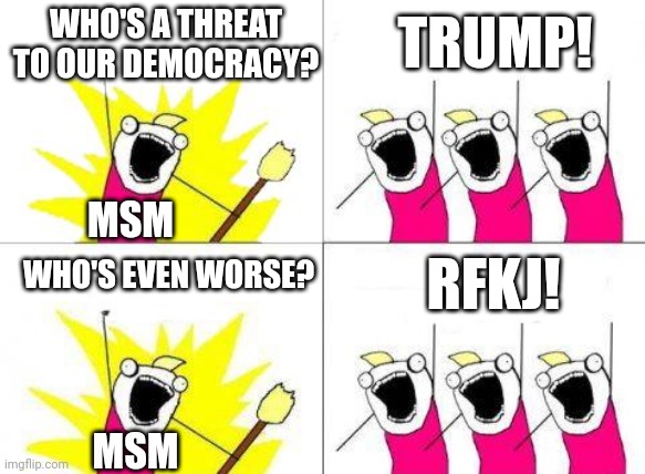 Project mockingbird | WHO'S A THREAT TO OUR DEMOCRACY? TRUMP! MSM; WHO'S EVEN WORSE? RFKJ! MSM | image tagged in memes,what do we want | made w/ Imgflip meme maker