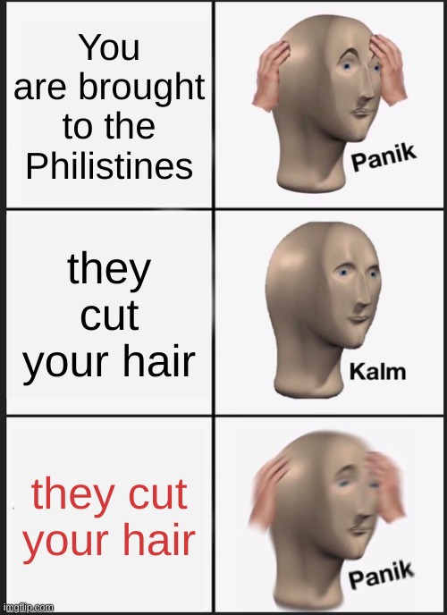 Samson meme (Torah/Bible) | You are brought to the Philistines; they cut your hair; they cut your hair | image tagged in memes,panik kalm panik,bible | made w/ Imgflip meme maker