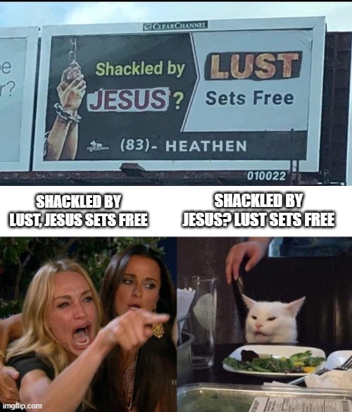 Lust Sets Free | SHACKLED BY JESUS? LUST SETS FREE; SHACKLED BY LUST, JESUS SETS FREE | image tagged in memes,woman yelling at cat | made w/ Imgflip meme maker