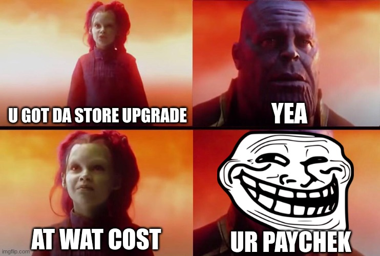What did it cost? | YEA; U GOT DA STORE UPGRADE; UR PAYCHEK; AT WAT COST | image tagged in what did it cost | made w/ Imgflip meme maker